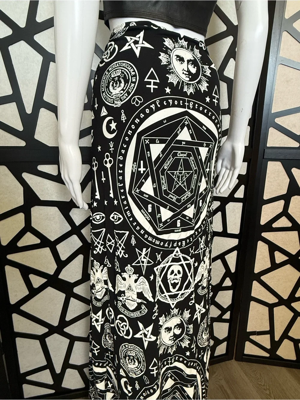 Discontinued Killstar Maxi Skirt - Black and White Occult Print - L